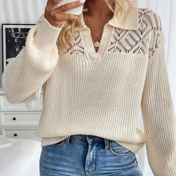 Apricot Casual Women's Hollow-Out Turndown Collar Oversized Long Sleeve Sweater - Picture 5 of 6